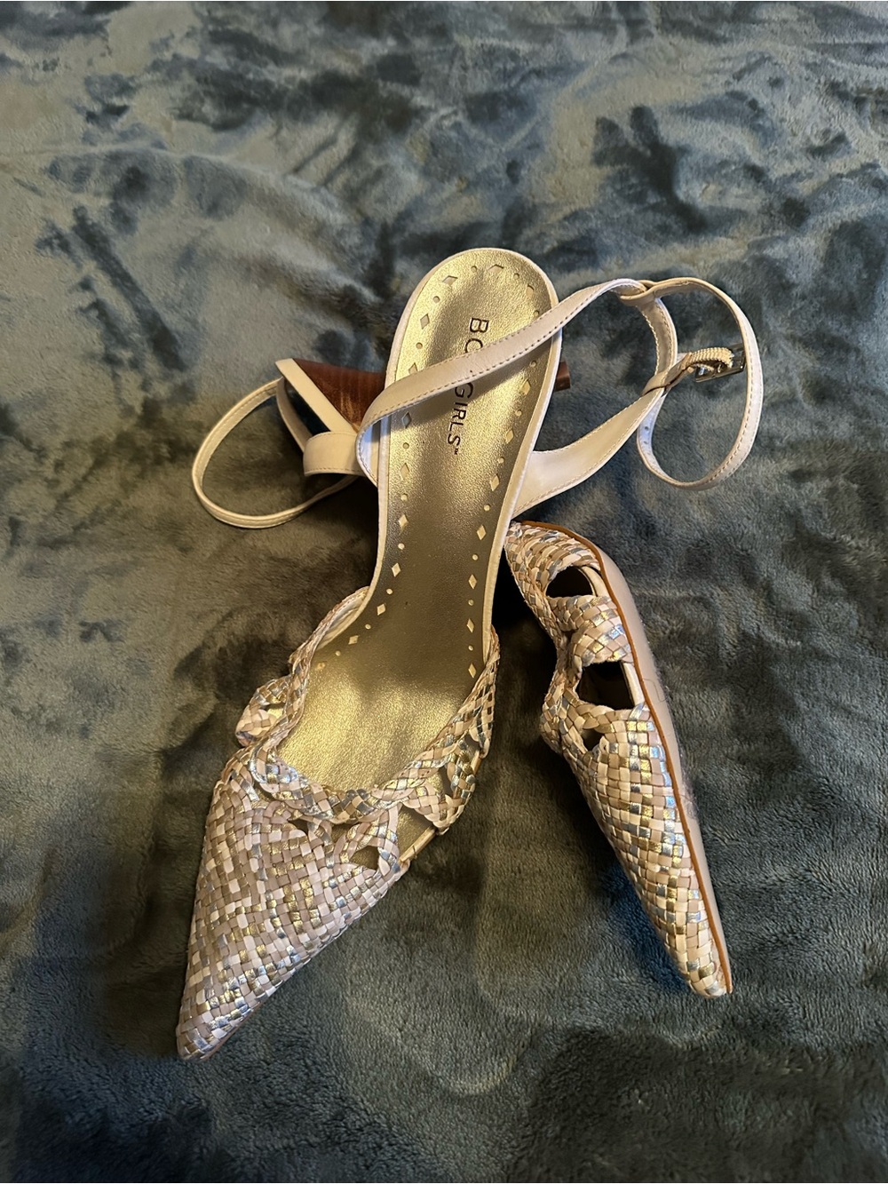 BCBGirls Metallic Gold Woven Pointed Slingback Heels